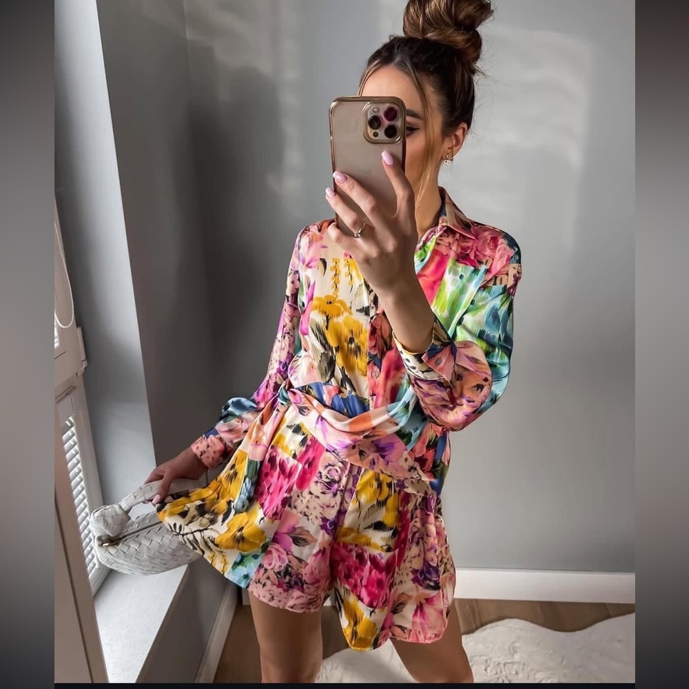 NWOT S Zara Satin Effect Floral Patchwork Mini Dress Wrap / Romper